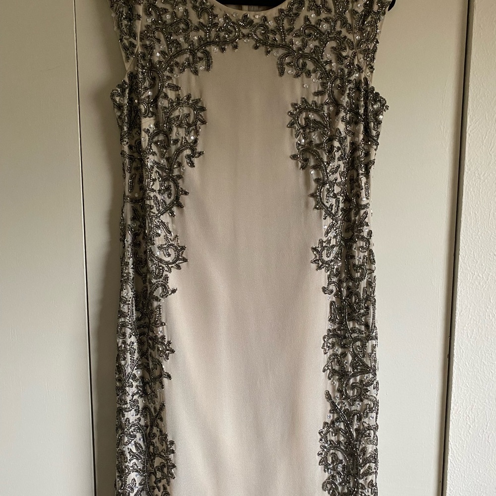 Adrianna Papell Cream Midi Sheath Dress with Black Lace